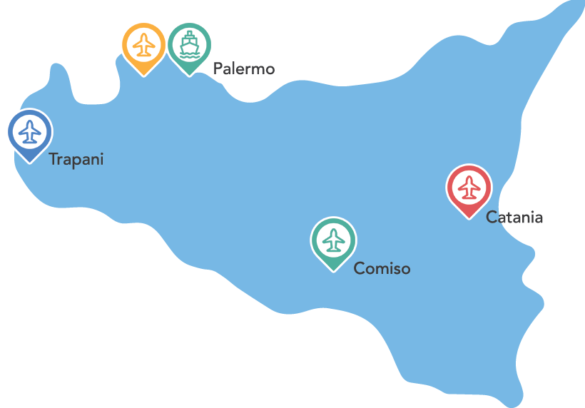 mappa sicilia con icone aereoporto e porto